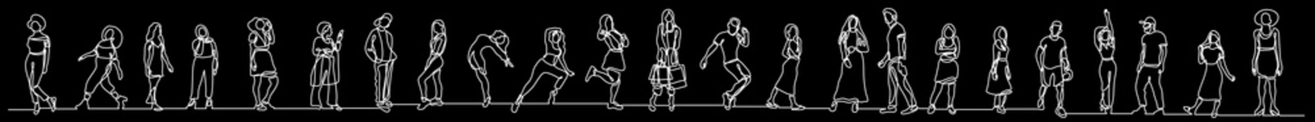 continuous line drawing vector illustration with FULLY EDITABLE STROKE of group of various positive diverse line people in a row on black background