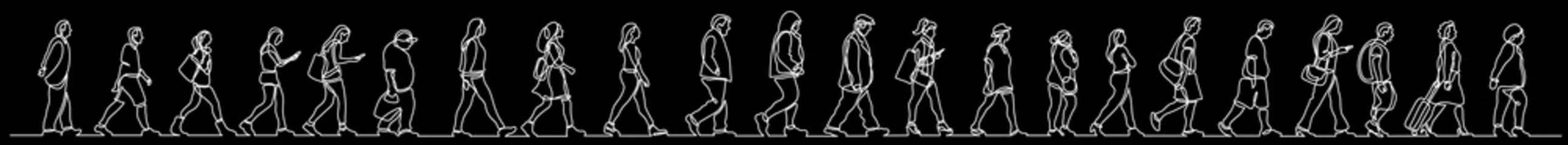 continuous line drawing vector illustration with FULLY EDITABLE STROKE of group of various positive diverse line people in a row on black background