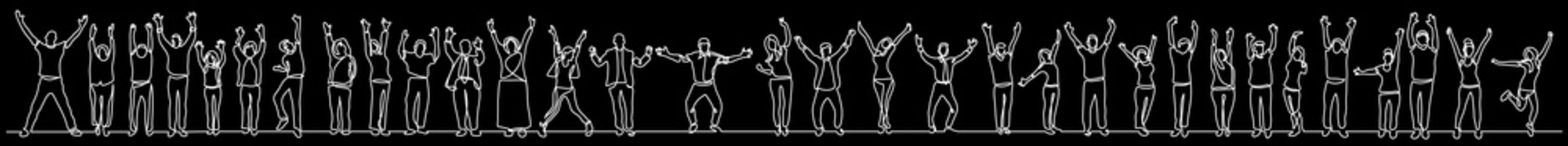 Continuous Line Drawing Vector Illustration With FULLY EDITABLE STROKE Of Group Of Various Positive Diverse Line People In A Row On Black Background