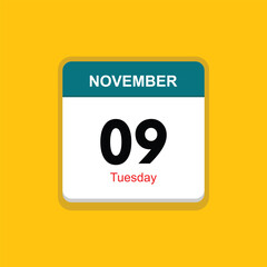 tuesday 09 november icon with yellow background, calender icon