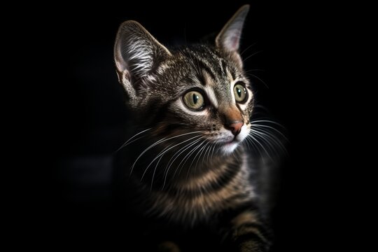 portrait of a tabby cat on a black background