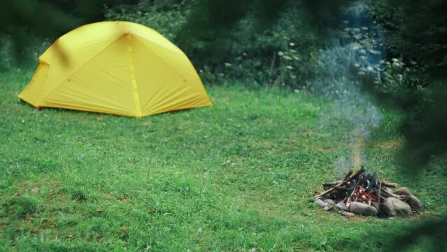 Calm bonfire burning in tourist camp. Burning wood at warm evening. Active lifestyle, traveling, hiking and camping concept. Trend vacation destination. Campfire and camping yellow tent in forest
