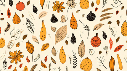 Simple Fun Doodles Wallpaper Pattern - Abstract Pumpkins, Gourds, Dried Fall and Autumn Leaves and Branches on Light Cream/Beige Background - Thanksgiving, Halloween, Concept - Generative AI