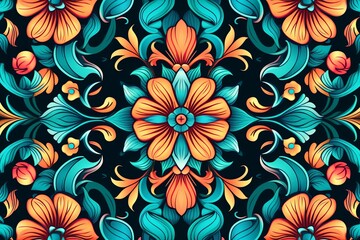 Fototapeta na wymiar seamless floral pattern with orange and blue flowers on a black background