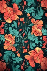 seamless floral pattern with orange flowers and leaves on a dark background