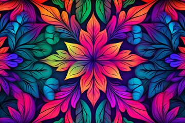 seamless pattern with colorful flowers and leaves on a black background