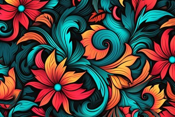 Fototapeta na wymiar seamless pattern with colorful flowers and leaves on a black background