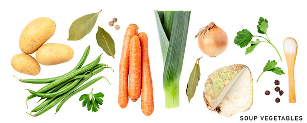 Soup vegetables set isolated. PNG with transparent background. Flat lay. Without shadow.