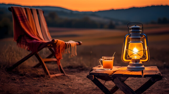 Cozy camping scene with a glowing lantern hanging from a tree branch, illuminating the area around it. The lantern casts a soft golden light on a rustic camping chair