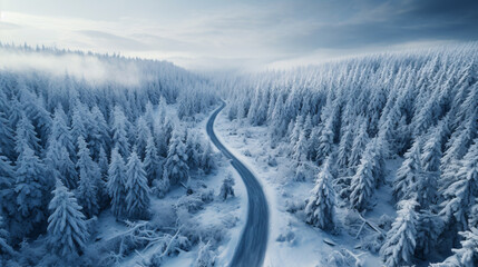 Fototapeta na wymiar Windy and curvy road in snow covered forest landscape, top down aerial view.