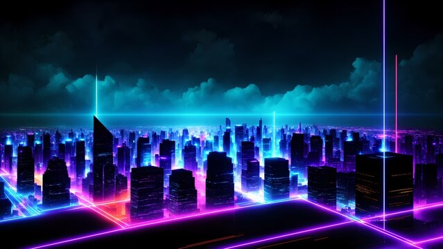 Photo of a vibrant futuristic city illuminated by neon lights against a backdrop of dramatic clouds