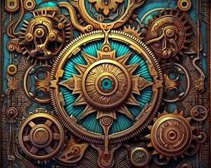 steampunk background with gears and clockwork on a blue background