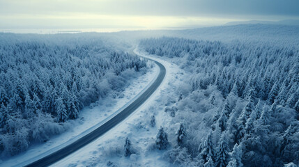 Fototapeta premium Windy and curvy road in snow covered forest landscape, top down aerial view.