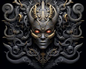 the face of a demon is surrounded by an ornate design