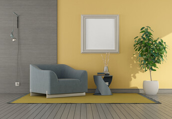 Yellow and gray living room with blue armchair