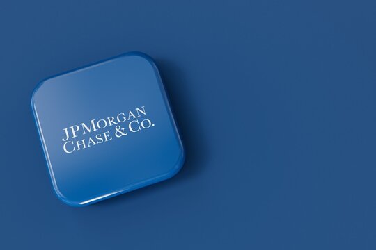 LONDON, UK - July 2023: JP Morgan Chase bank company logo. 3D Rendering