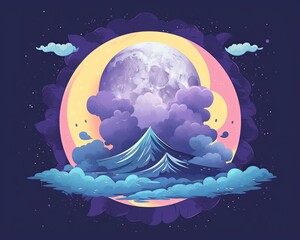 the moon and clouds are in the background of this illustration