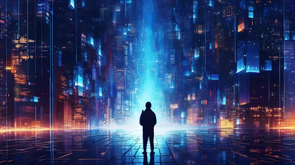 An encrypted digital fortress protecting sensitive data, illuminated by a grid of pulsating neon lights, amidst a sprawling metropolis. Generative ai.