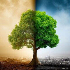 tree in two  with very different environments Earth Day or World Environment Day Global Warming and Pollution