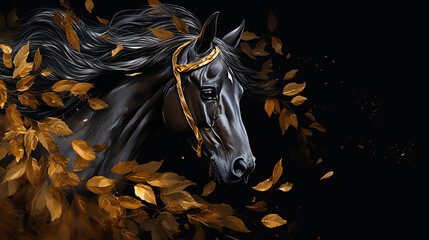 cavalo com  folhas douradas de arte de luxo, fundo preto
