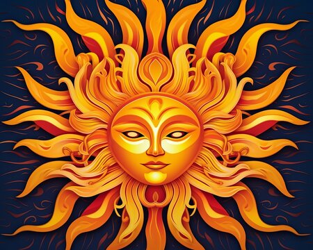 the sun face is made up of orange and yellow flames on a dark blue background