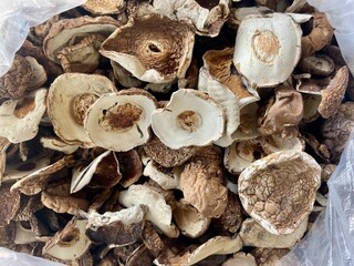 Background of dried edible mushrooms on the market closed up top view. White mushrooms dried for a sale.