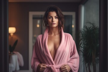 Beautiful woman wearing pink bathrobe
