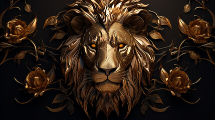 rei leão com coroa dourada do rei, arte de luxo, fundo preto