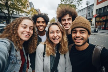 Multiracial best friends having fun outside - Group of young people smiling at camera outdoors - Friendship concept with guys and girls hanging out on city street, generative AI