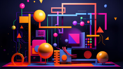 Eye-catching 3D geometric shapes background in bold, neon colors; ideal for attention-grabbing advertising materials