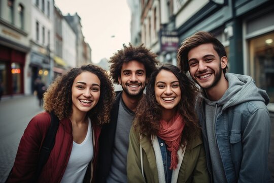 Multiracial Best Friends Having Fun Outside - Group Of Young People Smiling At Camera Outdoors - Friendship Concept With Guys And Girls Hanging Out On City Street, Generative AI