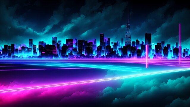 Photo of a vibrant city skyline with illuminated neon lines in the foreground