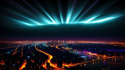 Photo of a vibrant cityscape illuminated by the lights of the night