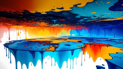 Photo of a vibrant painting with a striking blue, yellow, and orange color scheme