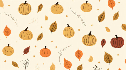 Pumpkin Doodle Background - Minimalist Dried Fall and Autumn Leaves and Branches on Light Cream/Beige Background - Thanksgiving, Halloween Vector Concept - Generative AI
