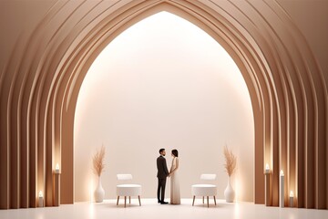 wedding couple standing in front of an archway