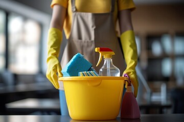 Woman Cleaning with a Bucket and Cleaning Products. AI