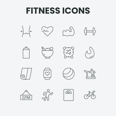 Set of fitness, gym, and health care Outline icons. Outline icons collection. Editable vector stroke icons.