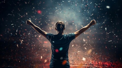 "At the top" - well-deserved victory, ovation from the stadium, confetti, celebration created with Generative AI technology