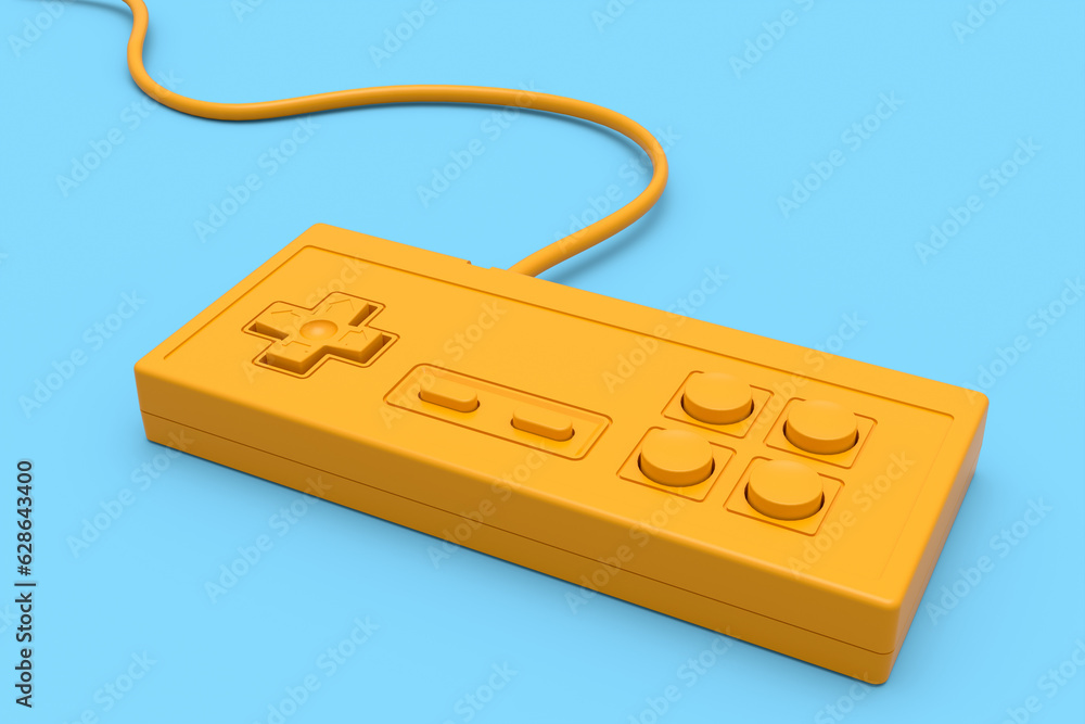 Poster retro computer gaming controller joystick on monochrome blue background.
