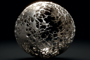 Surreal and abstract background concept. Silver object with tonal fractal debris pattern in the surface on black background with copy space. Generative AI