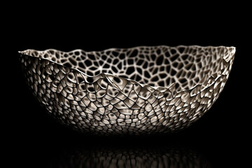 Obraz premium Surreal and abstract background concept. Silver object with tonal fractal debris pattern in the surface on black background with copy space. Generative AI