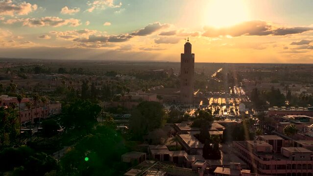 Aerial drone view of Jamaa el Fna (Jemaa el-Fnaa) in the evening Marrakech, Morocco	
