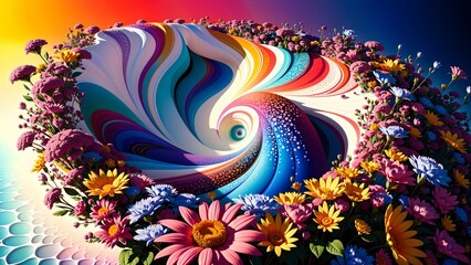 Photo of a vibrant wave painting with colorful flowers in the foreground