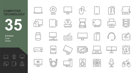 Computer Technology Line Editable Icons set. Vector illustration in thin line style of computers and components related icons: monitors, smart phone, tablets, laptops, electronic devices, and more.