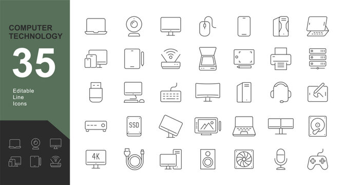 Computer Technology Line Editable Icons set. Vector illustration in thin line style of computers and components related icons: monitors, smart phone, tablets, laptops, electronic devices, and more.