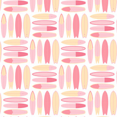 Seamless pattern of surfboards in pink on a white background. Sport. Pattern. Surfing