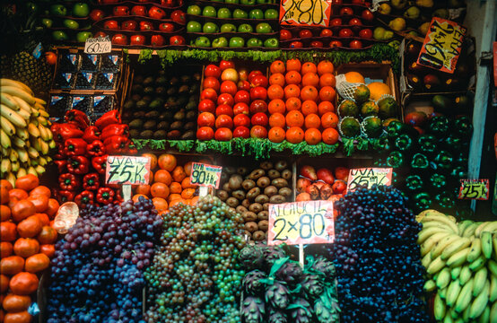 Piles of fruit and vegetables at a street stand in Buenos Aires, Argentina