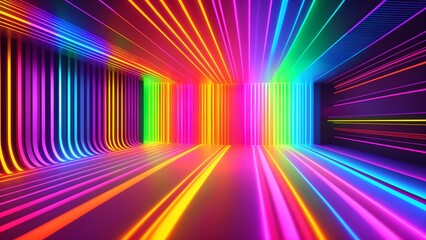 Photo of a vibrant room filled with colorful neon lights and mesmerizing lines