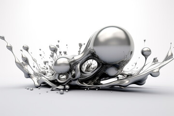 Fototapeta premium Surreal and abstract background concept. Splashing and spreading fluid metal on white background. Generative AI